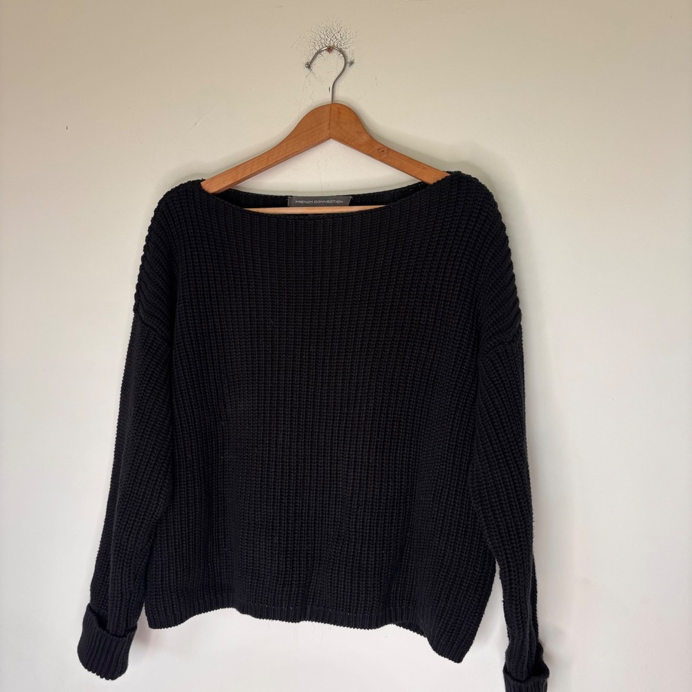 French Connection Black Boat Neck Cropped 100% Cotton Sweater Size XS